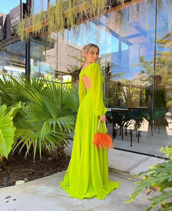 Vestido formal de gasa larga, elegante, fluido, de corte A, amarillo y verde, para noche y fiesta. Tiendas con vestidos de graduación.